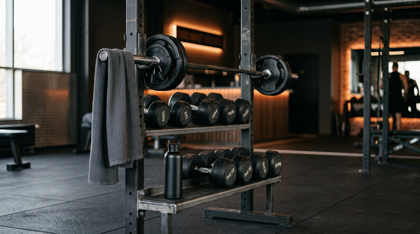 A modern gym weight rack illuminated by soft natural lighting