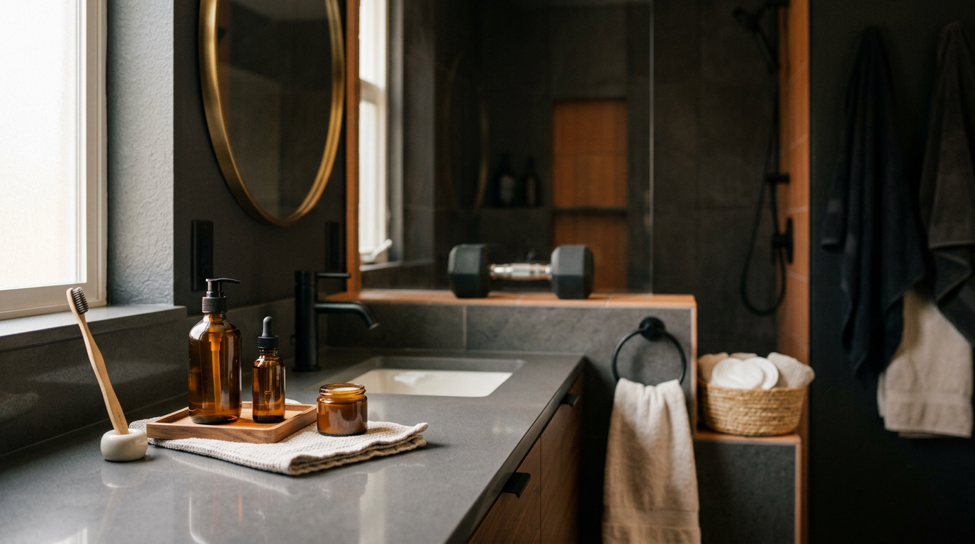 A clean bathroom counter with basic grooming supplies and a dumbbell