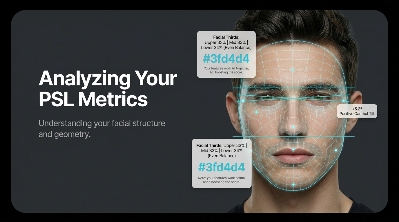 Geometric lines mapping facial thirds and canthal tilt on a male face